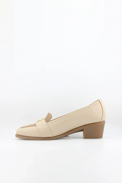 DFC Relax Block Heel Loafer with Decorative Metal Clover Accent Strap